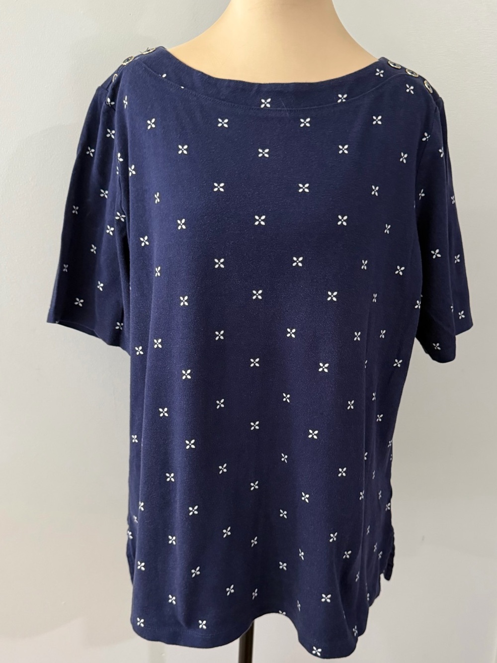 Kim Rogers Navy Blue White Geometric Short-Sleeve Women's T-Shirt Blouse Top